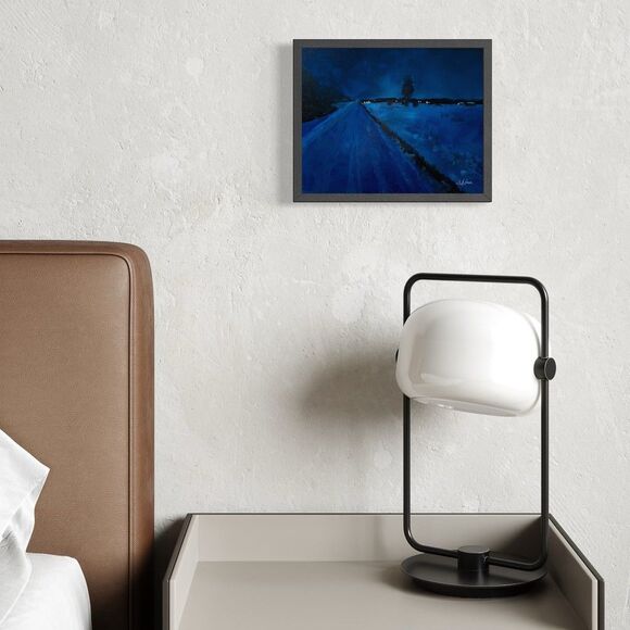 Original Oil Painting Landscape Winter Nocturne Blue Night Lights 8x10 Signed - Picture 5 of 7